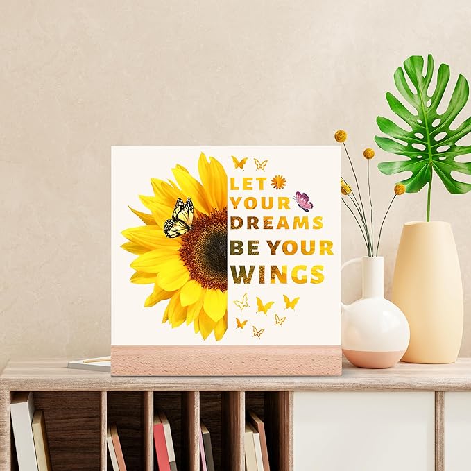 TIKTREE Inspirational Gifts for Women, Let Your Dreams Be Your Wings Positive Sign, Sunflower Motivational Gifts, Cheer Up Gifts for Women, Home Office Desk Decor with Wood Base