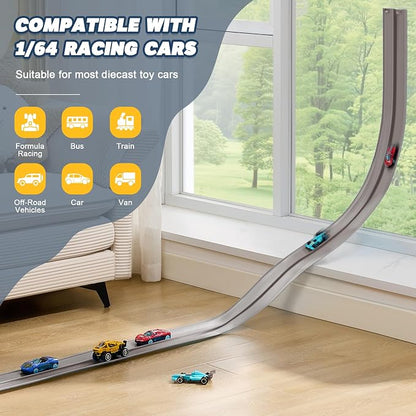 Flexible Race Track for Kids - 15 Ft Flex Track Race Car Tracks with Car Ramp Toy, Fit for Monster Truck Track & Kids' Play Cars, Race Tracks for Toddlers 3+, Gifts for Boys Girls (Gray)