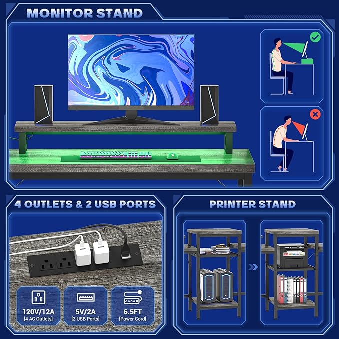 Unikito Two Person Desk with LED Light and Power Outlet, Double Computer Desks with Monitor Stand and Printer Stand, Double Gaming Computer Desk, Long Gaming Desk, Home Office Work Desk, Black Oak
