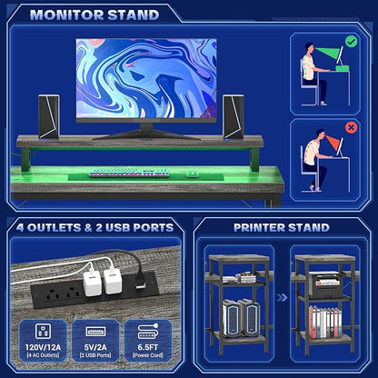 Unikito Two Person Desk with LED Light and Power Outlet, Double Computer Desks with Monitor Stand and Printer Stand, Double Gaming Computer Desk, Long Gaming Desk, Home Office Work Desk, Black Oak