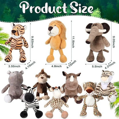 HyDren 10 Pieces 9 Inches Safari Stuffed Animals Set and Elephant Giraffe Lion Tiger Monkey Rhinoceros Zebra Leopard Hippo for Shower Jungle Animal(Classic)