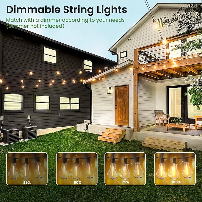 Outdoor String Lights 50FT LED String Lights for Outside with 27 A39 Waterproof Edison Bulbs (2 Spare), Patio Lights Outside Hanging for Bistro,Balcony,Porch,Yard,Garden,Black Cord