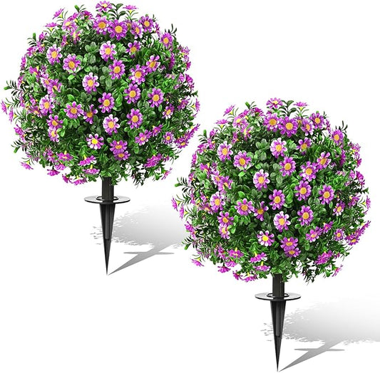 Artificial Topiary Bushes for Outdoors with Spike, Boxwood Ball Fake Shrubs UV Resistant Faux Plants for Indoor Outdoor Fall Thanksgiving Halloween Decor (Sunflower Boxwood Purple -2 Packs)