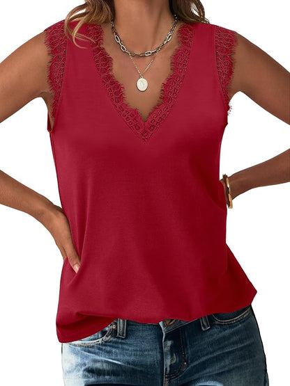 ANRABESS Womens Lace Trim Tank Tops V Neck Sleeveless Shirts 2026 Summer Casual Trendy Dressy Cami Top