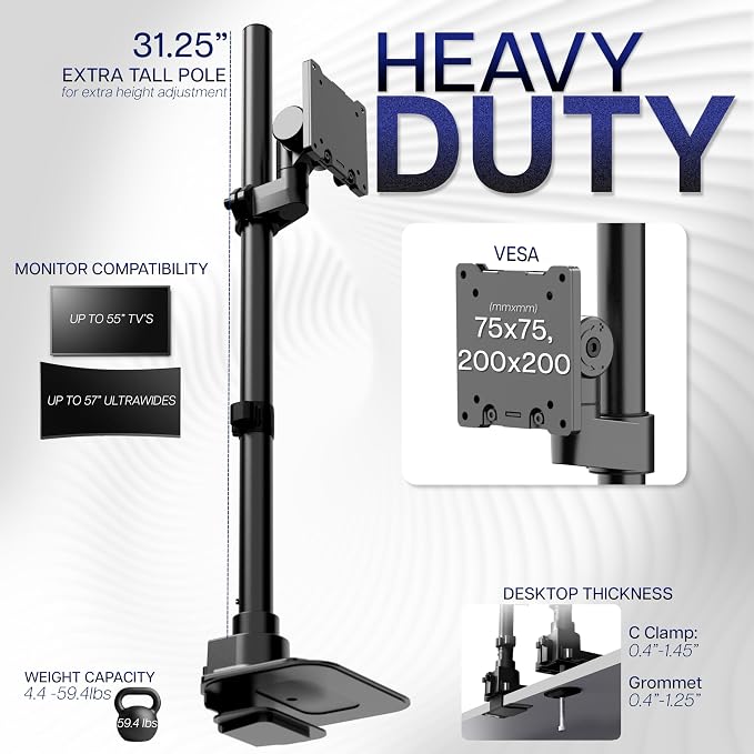 VIVO Single Ultra-Wide Monitor Desk Mount for up to 57 inch Ultrawide Screens, Extra Tall Heavy Duty Adjustable Stand Holds 59.4 lbs, Black, STAND-V157R