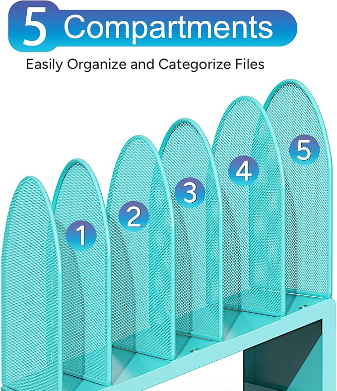 gianotter Desktop File Organizer with 5 Compartments | Desk Organizer Paper Organizer for Desk Workspace Organizers for Office Supplies (Blue, Inclined Style)