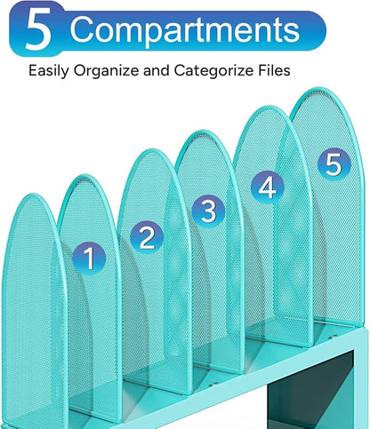 gianotter Desktop File Organizer with 5 Compartments | Desk Organizer Paper Organizer for Desk Workspace Organizers for Office Supplies (Blue, Inclined Style)