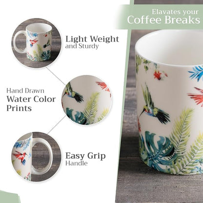 Maison d' Hermine Coffee Mug with Handles Tea Cups (12 Ounce, Pack of 1) | Fine Bone China Coffee Mugs for Hot Beverages Cappuccino Latte Home Restaurant Hotel Spring Summer -Tropiques - Colibris