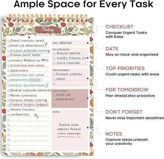 Taja To Do List Notepad, Undated Daily Planner for Work and Goal Setting | Cherry Orchard, 52 Sheets, 9.8" x 6.5" , for Office, Home and school, Daily Task Planning, Notes and Everyday Organization