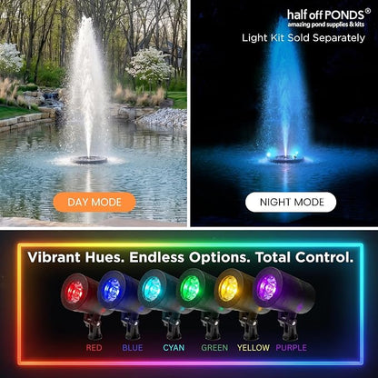 Half Off Ponds 1.2 HP Floating Fountain & Aerator | 10,000 GPH output, 11 spray patterns, White LED lights, 200 ft heavy-duty cord, Energy-efficient