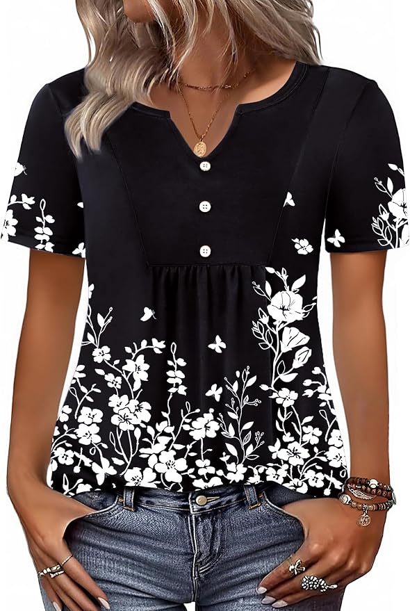 Zeagoo Womens Short Sleeve Tops Summer Henley V-Neck Tshirts Casual Pleated Blouse Dressy Loose Floral Basic Tee