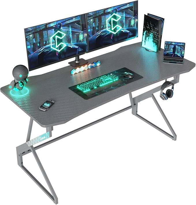 CubiCubi Simple Gaming Desk Z Shaped 47 inch Gamer Workstation, Home Computer Carbon Fiber Surface Gaming Desk PC Table with Headphone Hook, Grey