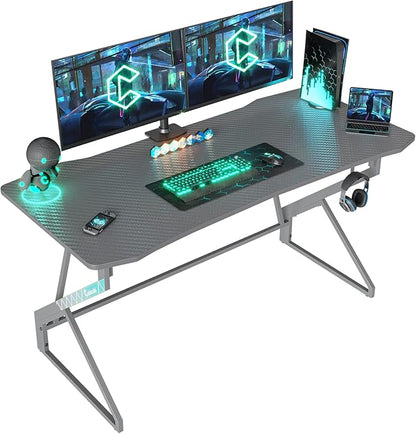 CubiCubi Simple Gaming Desk Z Shaped 47 inch Gamer Workstation, Home Computer Carbon Fiber Surface Gaming Desk PC Table with Headphone Hook, Grey