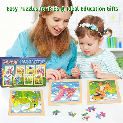 Wooden Dinosaur Puzzles for Toddlers, 8 Pack 9 PCS Jigsaw Puzzles for Kids, Wooden Puzzles for Toddlers 3-5, Dinosaur Toys for Kids 3-5, Preschool Puzzles Learning Educational Sets Toys