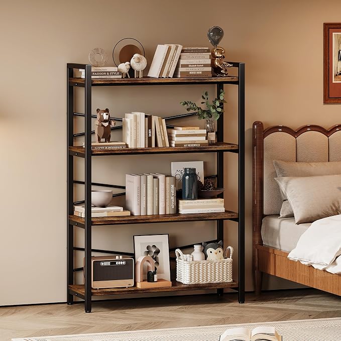 4 Tier Bookshelf 31.49" Width, Book Organizers and Storage, Wood and Metal Tall Bookcase, Rustic Book Shelf Organization and Storage for Home Living Room Bedroom Office Storage(Rustic Brown)