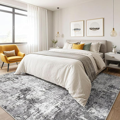 Large Area Rugs 12x15 Living Room: Washable Large Abstract Modern Soft Stain Resistant Indoor Floor Rugs Non-Slip Accent Carpet for Bedroom Nursery Playroom Office Dining Room Home House- Black Grey