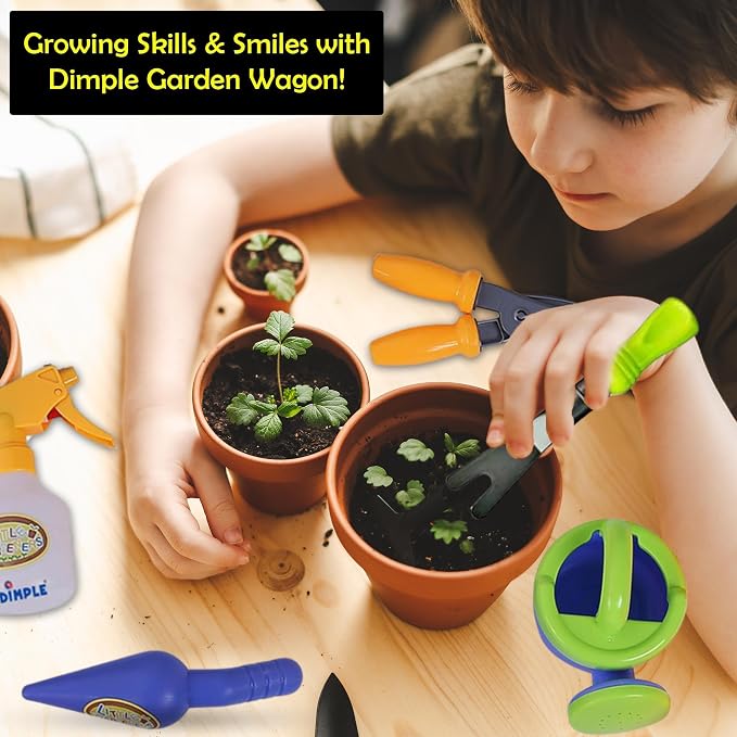 Dimple Garden Wagon & Tools Toy Set Premium 15 Pcs Kids Gardening Tools & Wagon Toy Set - Sturdy & Durable - Top Yd, Beach, Sand, Garden Play Set - Great for Kids & Toddlers