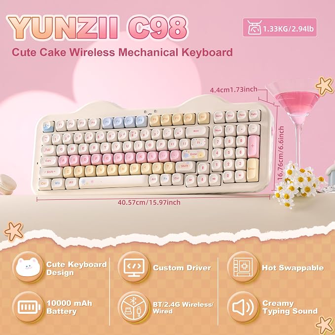 YUNZII C98 Cute Cake Wireless Mechanical Keyboard(Beige, Milk Switch) | 99 Keys with Number Pad, Hot Swap, PBT MOA Keycaps, BT5.0/2.4G/USB-C, Gasket Mount, Custom RGB Backlit for Win/Mac