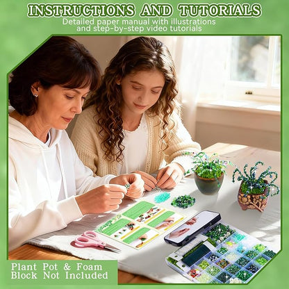 FOGWOWO 5422 Pcs Beaded Plant Kit Forever Plant Kit Green Glass Beads for Plant Making,Green Beads for Beaded Plants with Video Tutorials,Forever Plant Beads Leaf Bead for Jewelry Making DIY Craft