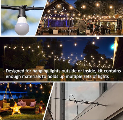 String Light Hanging Kit Outdoor, All-Black String Light Wire Hanging Kit Includ 100FT PVC Coated Steel Cable with Enough Accessories, Guide Wire for Outdoor String Lights, Patio Lights