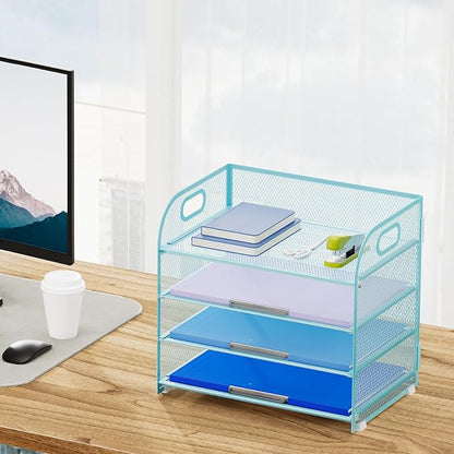 Marbrasse 4 Tier Paper Organizer Letter Tray - Mesh Desk File Organizer with Handle, Paper Sorter Organizer for Letter Office File Folder Holder (Blue, 12.6" x 9.1" x 10.7")