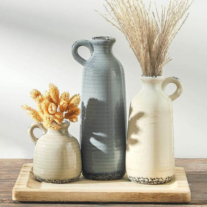 Ceramic Vases Set of 3, Neutral Rustic Farmhouse Vase with Handle, Decorative Flower Vases Home Decor Modern Boho Pampass Vase for Table Mantel Entryway Shelf Living Room Kitchen Bathroom - Ocean