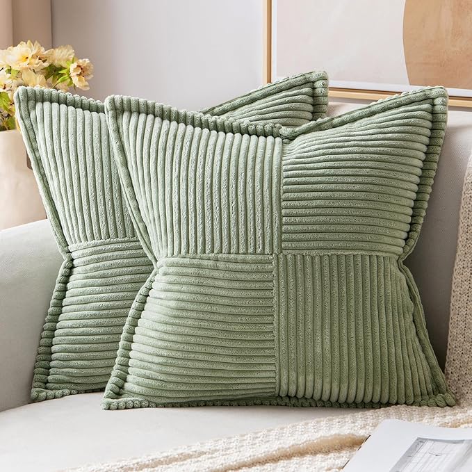 MIULEE Spring Decorative Throw Pillow Covers for Couch Bed Livingroom 16x16 Inch Set of 2 Sage Green Boho Accent Throw Pllows Broadside Striped Patchwork Soft Corduroy Pillowcases