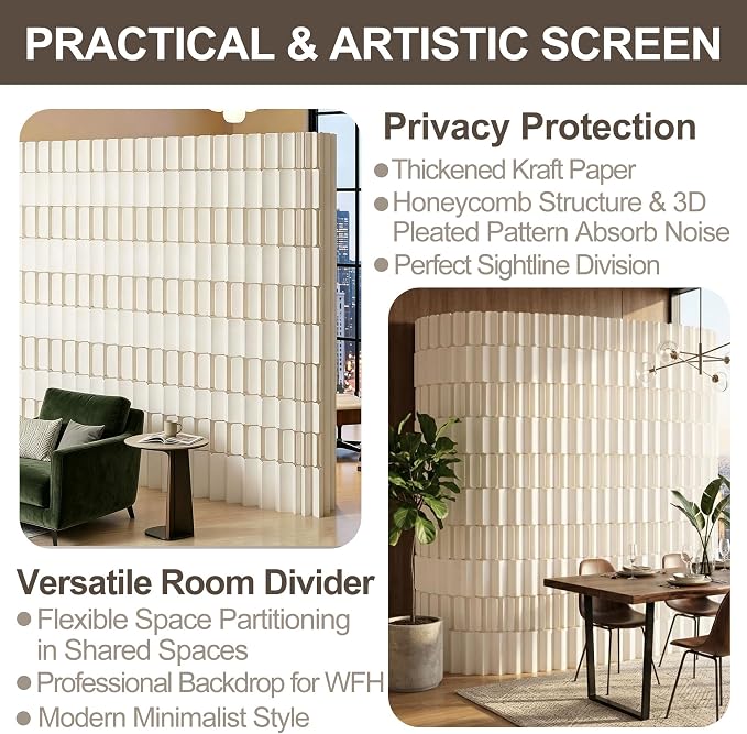 Modern Folding Room Divider for Space Separation, 5.2ft Tall Honeycomb Accordion Privacy Screen, Kraft Paper Portable Freestanding Partition Wall, No Drilling (Style-C, L118.0 x H78.7 Inch)