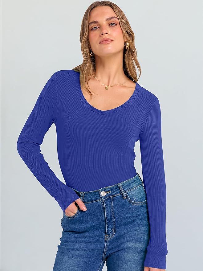 ANRABESS Long Sleeve V Neck Shirts for Women | Soft Comfy Ribbed Knit Fitted Tshirts, Casual Going Out Tops, 2026 Trendy Basic, Fall Winter Underscrub Layering Clothes