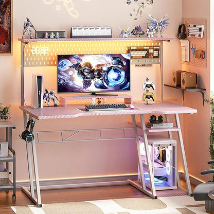 Gaming Computer Desk with Outlets and Storage Shelves, Pink Gaming Desk with Hutch and LED Lights, PC Gaming Desk with Pegboard for Bedroom, Carbon Fiber Pink, 47''