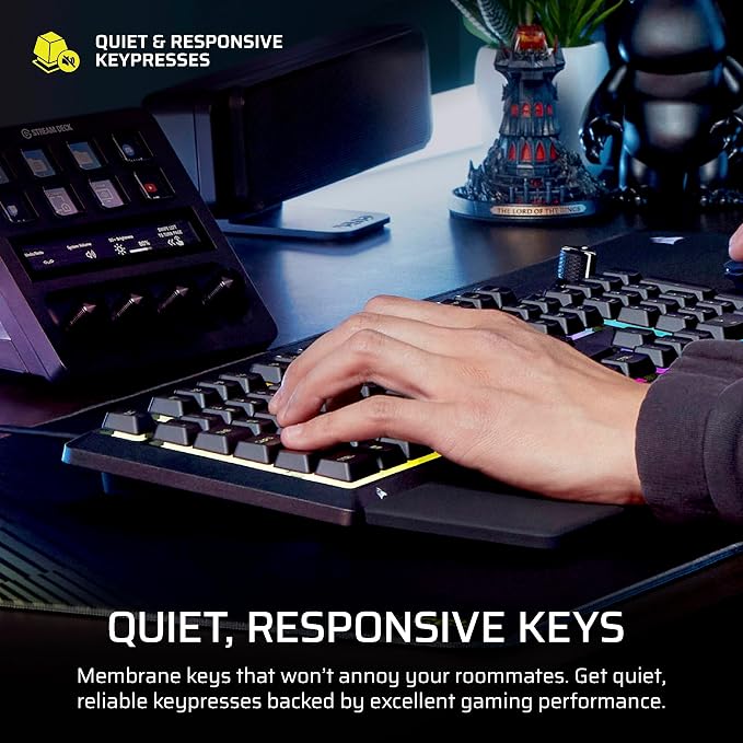Corsair Skiff 100 Quiet RGB Wired Membrane Gaming Keyboard – QWERTY US, IP53 Spill & Dust Resistant, Responsive Keys, Media Dial – Black