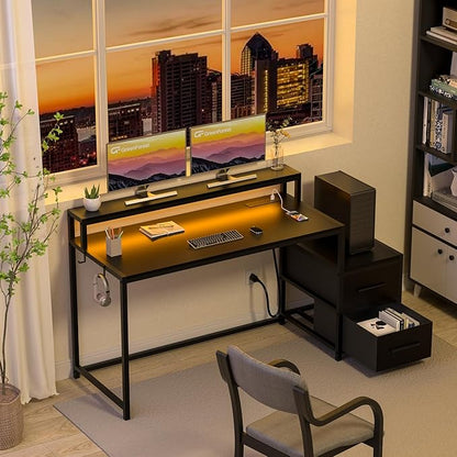 GreenForest Small Desk for Bedroom, 39.4 inch Computer Desk with 2 Drawers, Gaming Desk with LED Light and Power Outlet, Reversible Office Desk with Monitor Stand, Desk for Small Spaces, Black
