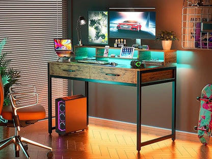 Computer Desk with Drawers, 47" Home Office Desk with Monitor Shelf, Writing Desk with Storage, Gaming Desk Work Desk Study Desk for Bedroom, Rustic Brown