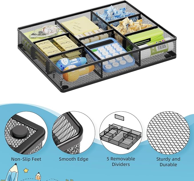 Marbrasse 2Pack Desk Drawer Organizer, Metal Mesh Drawer Organizer Tray with 5 Adjustable Compartments,Desk Organizers and Accessories for Home,Office,Kitchen,Makeup,Vanity (Black)