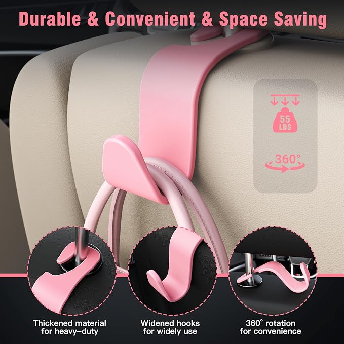 Amooca 4-Pack Car Headrest Hooks –Holds 55lbs Vehicle Storage Organizer Hanger for Purses Handbags Groceries Backpack Coats 360° Rotating Pink