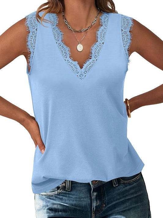 ANRABESS Womens Lace Trim Tank Tops V Neck Sleeveless Shirts 2026 Summer Casual Trendy Dressy Cami Top