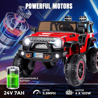 Hikole 24 Volt Electric Ride on Car, 2 Seater Battery Powered Car for Big Kids with Remote Control, 4WD/2WD Switchable Ride on Truck w/4 Spring Suspension, Music, 20" Wide Seat -Red
