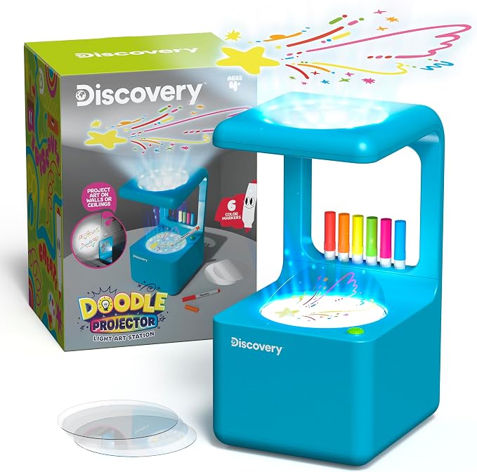 Discovery™ Doodle Projector Light Art Station – Includes 6 Dry-Erase Markers, 10 Reusable Drawing Discs, Project Drawings on Walls & Ceilings| Arts & Crafts Kit for Kids| Tracing Pad Coloring Toy Gift