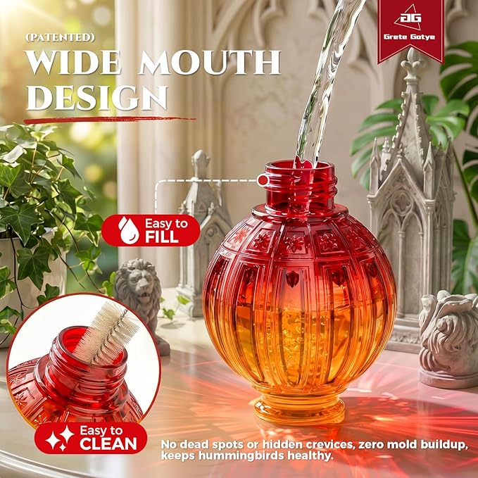 Glass Hummingbird Feeder for Outdoors Hanging, 26Oz Bird Nectar Feeder with Perch & 5 Flower Feeding Ports, Leak Proof for Outside Garden Decor Backyard, Gifts for Women Mom, Orange & Red