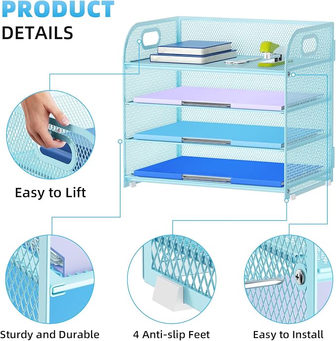 Marbrasse 4 Tier Paper Organizer Letter Tray - Mesh Desk File Organizer with Handle, Paper Sorter Organizer for Letter Office File Folder Holder (Blue, 12.6" x 9.1" x 10.7")
