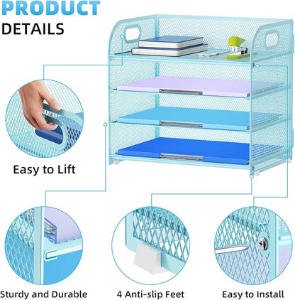 Marbrasse 4 Tier Paper Organizer Letter Tray - Mesh Desk File Organizer with Handle, Paper Sorter Organizer for Letter Office File Folder Holder (Blue, 12.6" x 9.1" x 10.7")