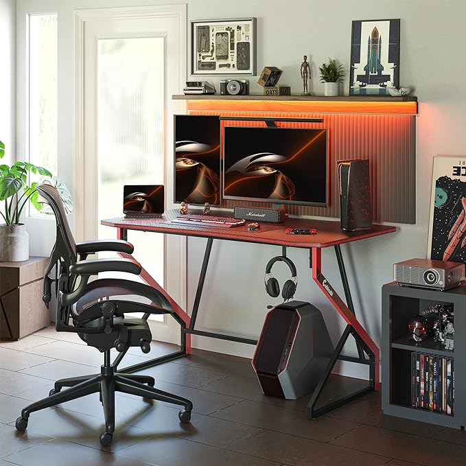 CubiCubi Simple Gaming Desk Z Shaped 55 inch Gamer Workstation, Home Computer Carbon Fiber Surface Gaming Desk PC Table with Headphone Hook