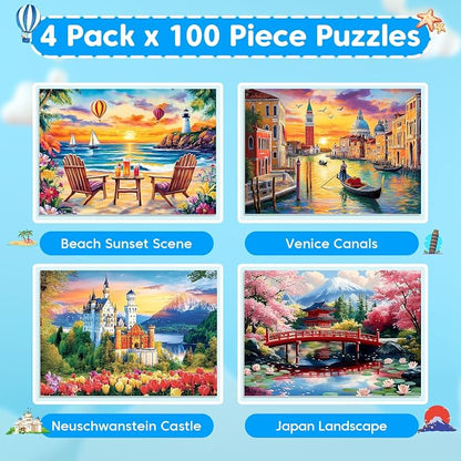 100 Piece Puzzle World Famous Landscapes Jigsaw Puzzles Large Piece Puzzles for Adult Seniors Kids Puzzles for Kids Ages 4-6 6-8 Learning Educational Toys Gifts for Girls Boys 4 Packs