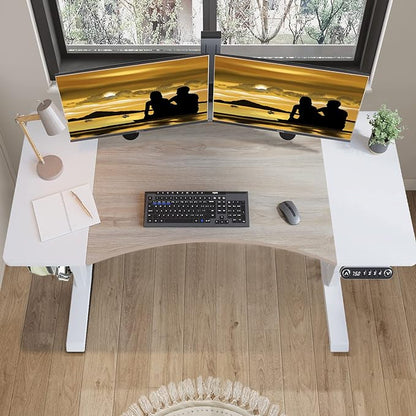 Dual Motor Electric Standing Desk - 63 x 30 Inch Adjustable Height Sit Stand Computer Desk with Splice Board, Stand Up Desk Table for Home Office, White Frame/Oak and White Top(with Radian)