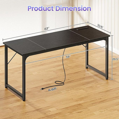 PRAISUN 63 X 24 Inch Computer Desk, Power Outlets, USB-C, Black | Office Desk with 4 AC Outlets, USB & USB-C, Sturdy Metal Frame, Spacious Desktop for Work, Writing, Study & Gaming