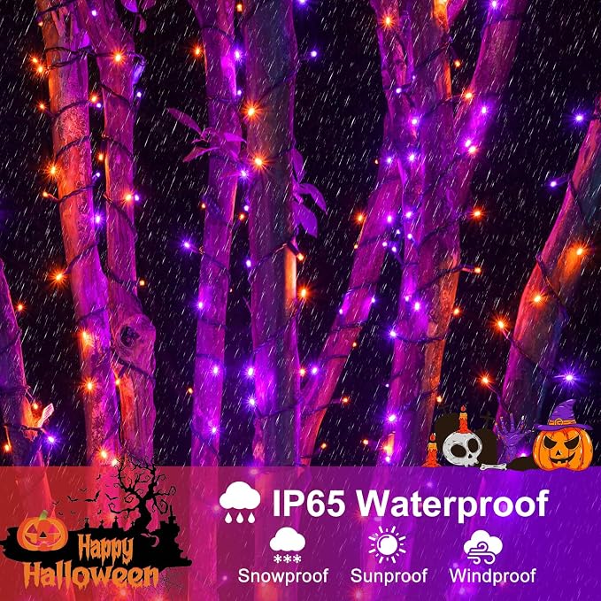 2 Pack Christmas Lights Outdoor, Total 200FT 600 LED Purple Orange String Lights for Outside with 8 Modes Waterproof, Plug in Christmas Decorations for Indoor House Patio Garden Party Holiday