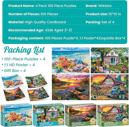 4-Pack 100 Piece Puzzles for Kids Ages 6-8 8-10 - Large Piece Puzzles for Dementia Seniors - Farm Countryside Jigsaw Puzzles for Adults & Kids Ages 4-6, Learning Educational Toys Gifts for Boys Girls