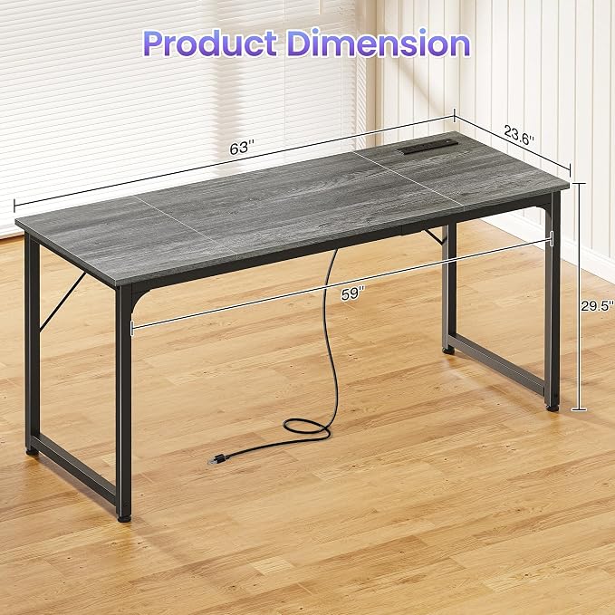 PRAISUN 63 X 24 Inch Computer Desk, Power Outlets, USB-C, Grey | Office Desk with 4 AC Outlets, USB & USB-C, Sturdy Metal Frame, Spacious Desktop for Work, Writing, Study & Gaming
