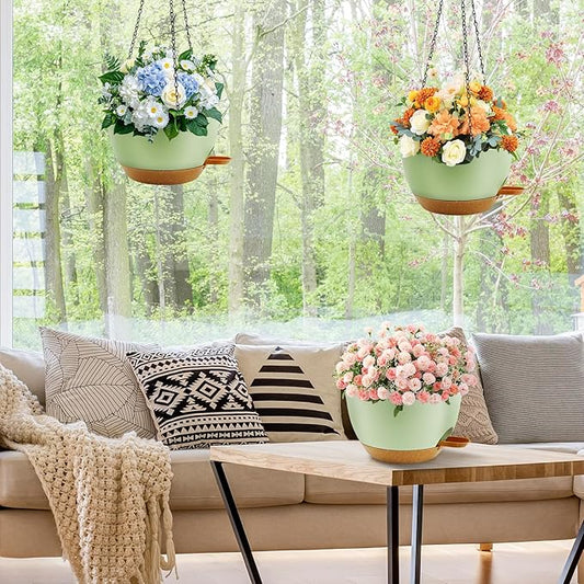 10 inch Hanging Planters for Indoor Plants, 3 Pack Self-Watering Hanging Planter Pots with Chain and Drainage Holes, Outdoor Plastic Hanging Baskets for Garden Home Decor