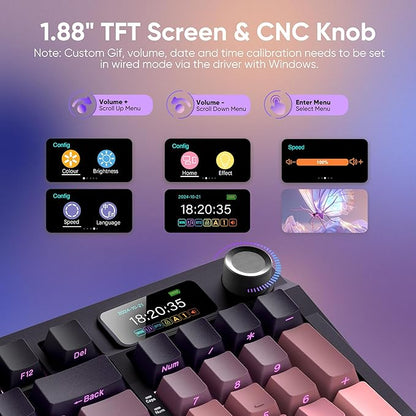 RedThunder K95 Wireless Mechanical Keyboard,TFT Screen & Knob, Trip-Modes Connection, Gasket Custom Hot-Swap Keyboard, RGB Backlit, Pre-lubed Linear Switches, Side Printed PBT Keycaps, Gradient Pink